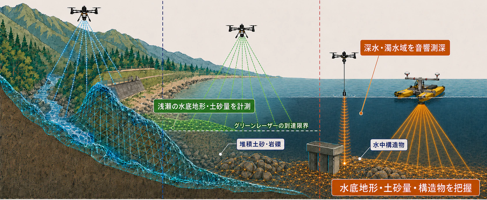 山間部から水底までを3方式で測量する範囲の説明図。陸上はUAV LiDAR・写真測量、浅瀬はUAVグリーンレーザー、深水・濁水域はUAVエコーサウンダーと船のマルチビームで計測する。